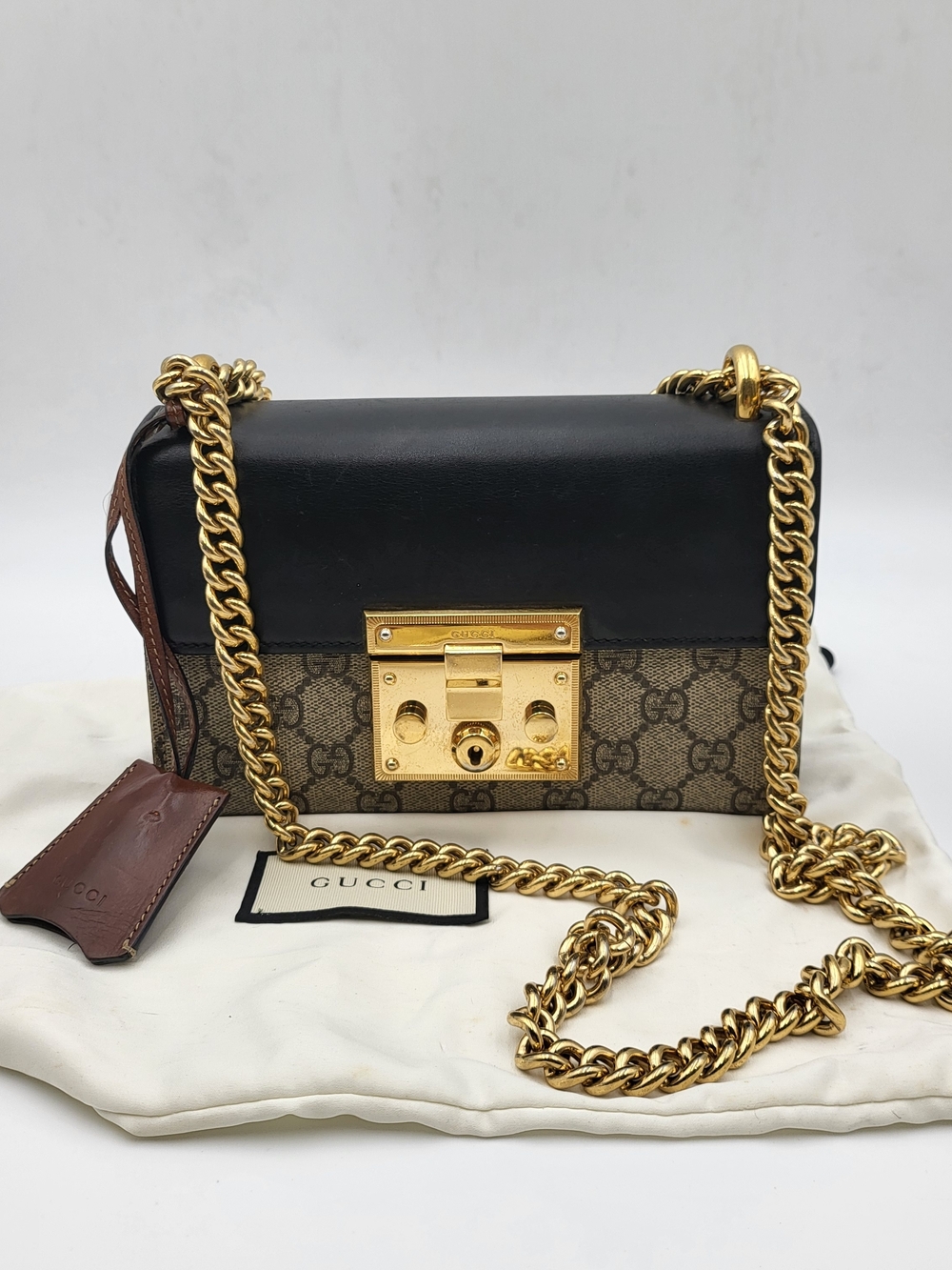 GUCCI GG Supreme Monogram Calfskin Small Padlock Bag Beige / Black, Auth W/COA.